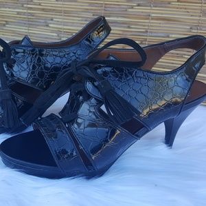 High Heel Shoe Leather Faux Snake Black Strap